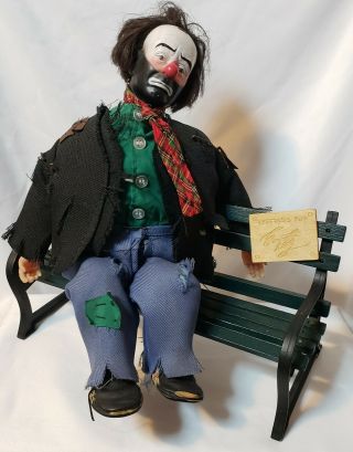 Vintage Emmett Kelly Jr Hobo Clown Figurine Wind Up Musical Doll On Bench,  Vguc