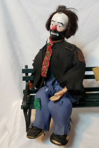 VINTAGE Emmett Kelly Jr Hobo Clown Figurine Wind Up Musical Doll on Bench,  VGUC 3