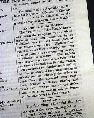 Captain Jack Modoc Indians Lava Beds War Executions Hangings 1873 Old Newspaper