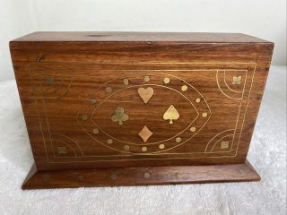 Antique Wood Wooden Inlaid Brass & Copper Walnut Playing Card Box Art Deco Deck