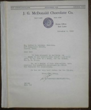 1920 Letterhead Salt Lake City Utah Jg Mcdonald Chocolate Company Hand Signed