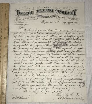1880 Toltec Mining Co.  Pima County Arizona Territory Letter Bad Investment Fraud