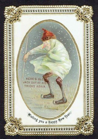 Goodall ? Victorian Year Greetings Card Jack Frost On Skates Attractive Edge