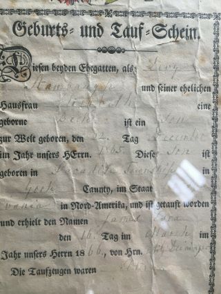PA German Fraktur Certificate of Baptism,  Levy Stanbaugh 1865,  York PA 2
