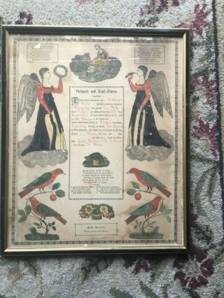 Pa German Fraktur Baptism Certificate,  Framed,  Maria Stidel 1821,  Lycoming Pa
