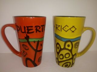 Puerto Rico Tall Ceramic Latte Coffee Mugs Cups Set Of 2