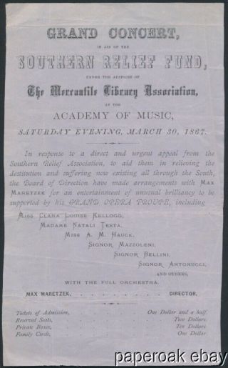 1867 Flyer For York City Opera Concert In Aid Of Southern Relief Fund