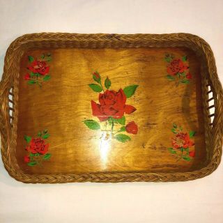 VTG 1940 ' s WICKER&WOOD RED CABBAGE ROSE BED BREAKFAST SERVING LAP TRAY W/HANDLES 2