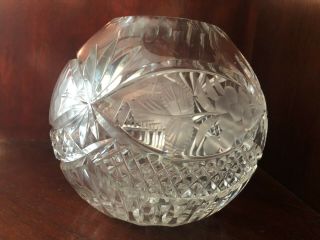 LARGE CLEAR CRYSTAL ROSE BOWL VASE HEAVY CUT AND ETCHED 3