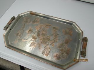 Antique Continental 655 Tray Dogwood Tin On Copper 19.  5 X11.  5 Inch Hand Wrought