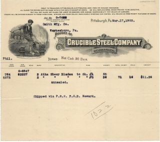 1902 Crucible Steel Co Of America Pittsburgh Pa Bill Head Smith Mfg Waynesboro
