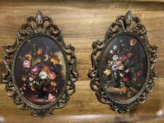 Pair Vintage Ornate Oval Convex Bubble Glass Brass Picture Floral Italy 10.  5 "