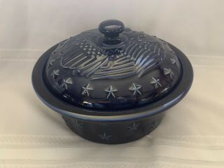 Longaberger Pottery Cobalt Blue Proudly American Eagle Stars Covered Casserole