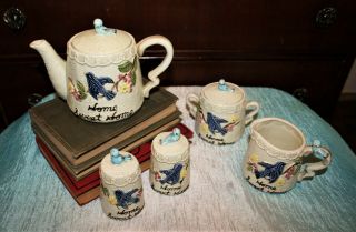 Vintage Enesco Home Sweet Home Tea Set And Salt & Pepper Shakers Blue Bird
