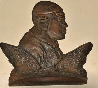 One (1) Rare 1927 Cast Iron Bookend Of Charles Lindbergh By Artist Bert Poole