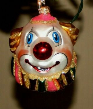 Christopher Radko Clown Head Face Glass Ornament Earlier Piece Glittered