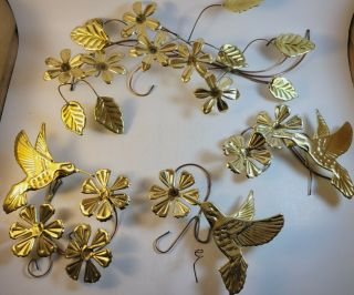 Vintage Brass Metal Hummingbirds And Flowers Wall Art Set Of 4 Mcm