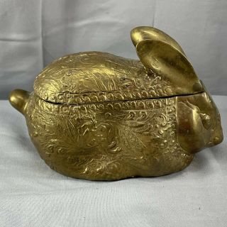 Vintage India Brass Rabbit Bunny Trinket Box With Lid Ornate Detail Patina