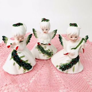 Vintage Set/3 Lefton Christmas Angel Figurines Holly Berries Flute Banjo Caroler