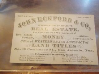 1880 San Antonio Texas Tx John Eckford Business Card Land Real Estate Look
