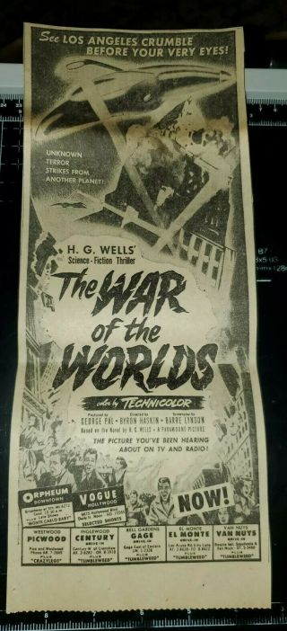 1953 Large Illustrated Newspaper Ad For The Movie The War Of The Worlds