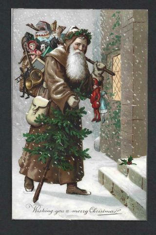 J73 - Brown Coat Santa With Tree And Toys - Victorian Xmas Card - Trimmed