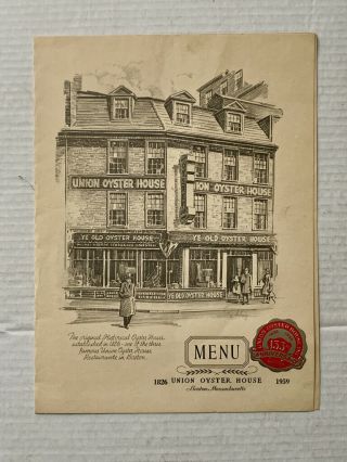 1959 Union Oyster House Restaurant Menu 133rd Anniversary - Boston Massachusetts