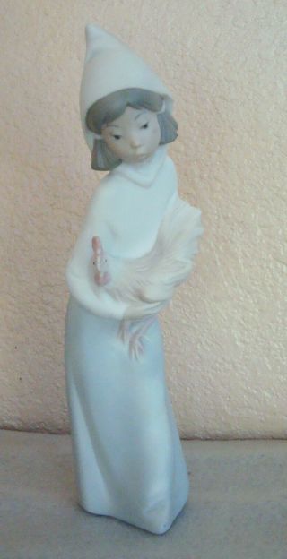 Lladro Matte Porcelain Girl W/ Chicken Rooster Figurine 8 " Signed Nao Spain