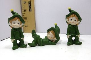 3 Vintage Ceramic Lefton Taiwan Green Irish Elf/ Pixie Figurines 1980 