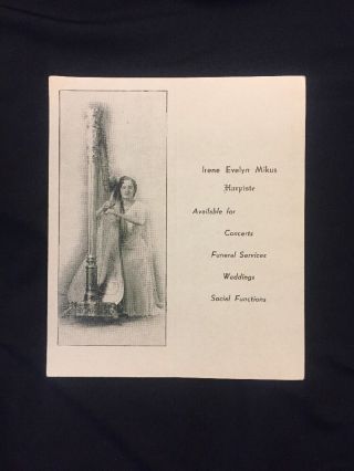 Irene Mikus Lady Playing Picture Harp Harpiste Old Antique Vintage Business Card