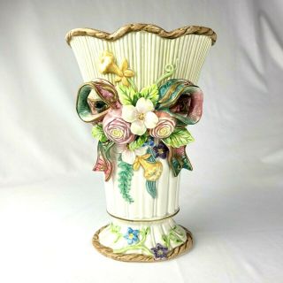Fitz And Floyd Classic Floral Vase 10 " Roses Bow Porcelain