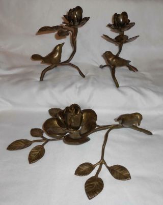 3 Pc Set Vintage Brass Bird On Branch Flower Leaves Candle Holder