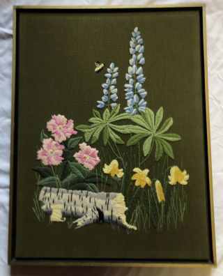 Vintage Crewel Embroidery Framed Wall Art Floral Bluebells Mid Century Mod 25 "