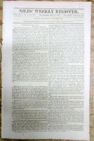 1824 Newspaper Revolutionary War Hero General Lafayette 