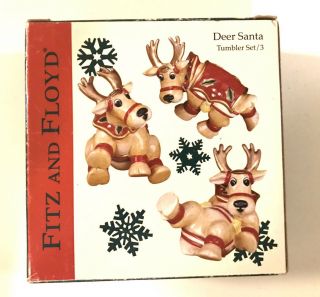 Vtg Fitz & Floyd Tumbling Reindeer Christmas Set Of 3 Ceramic “deer Santa”