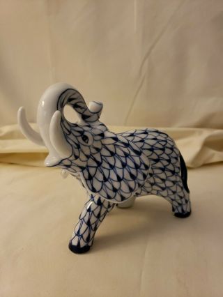 Andrea By Sadek Hand Painted Blue & White Fishnet Herend Style Elephant Figurine