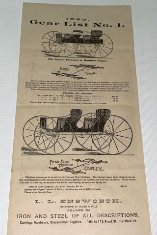 Rare Antique Victorian American Carriage Gear List Advertising Broadside Ct 1889