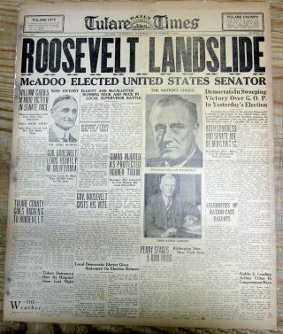 Rare 1932 Headline Newspaper Democrat Franklin Roosevelt Elected U.  S.  President