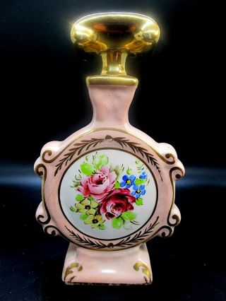 Fine Limoges Porcelain Vanity Perfume Bottle Jar Hand Painted Pink Flowers