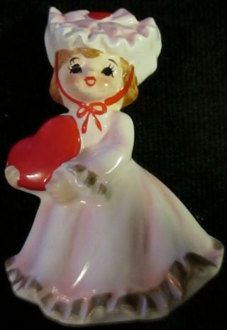 Vintage Lefton Valentine Girl Holding Heart W/pink Dress Paper Label 1435