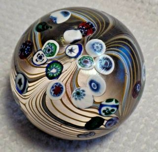 Erwin Eisch 3 " Millefiori Dimpled Pulled Feather Art Glass Paperweight Germany