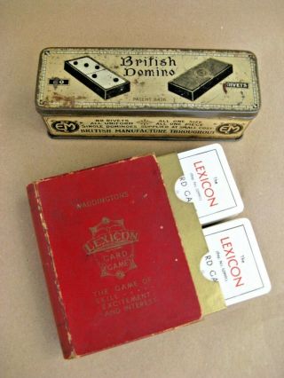 Antique Domino Set In Tin Box And Playing Cards