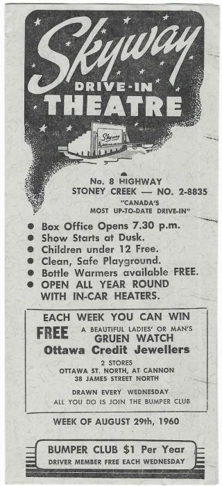1960 Skyway Drive In Theatre Advertising Leaflet Stoney Creek Ontario Canada