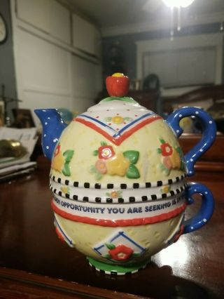 Mary Engelbreit 2001 Tea For One Golden Opportunity Quaint 3 Pc Teapot Cup Lid