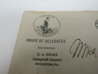 1920 House of Delegates Richmond Virginia EA Hicks Envelope Campbell County 2