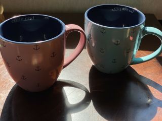 Set Of 2 Cuffys Of Cape Cod Pink Blue Coffee Cup Mug With Anchors