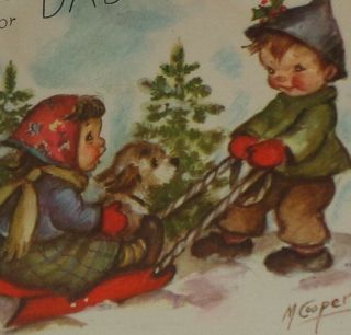 Vintage Christmas Card,  Kids And Dog Playing On Sled,  Marjorie Cooper 5 "