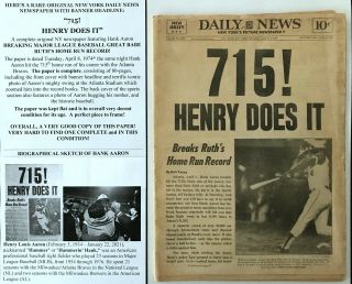 Hank Aaron 715 Home Run Ny Daily News Full Newspaper/nj Ed Babe Ruth Record 1974