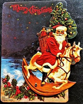 Vintage Merrimack Christmas Postcard Santa On A Rocking Horse That Really Rocks