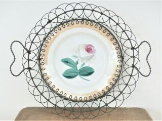 Antique Victorian German Porcelain Plate Rose Flower Wire Basket Heart Handles